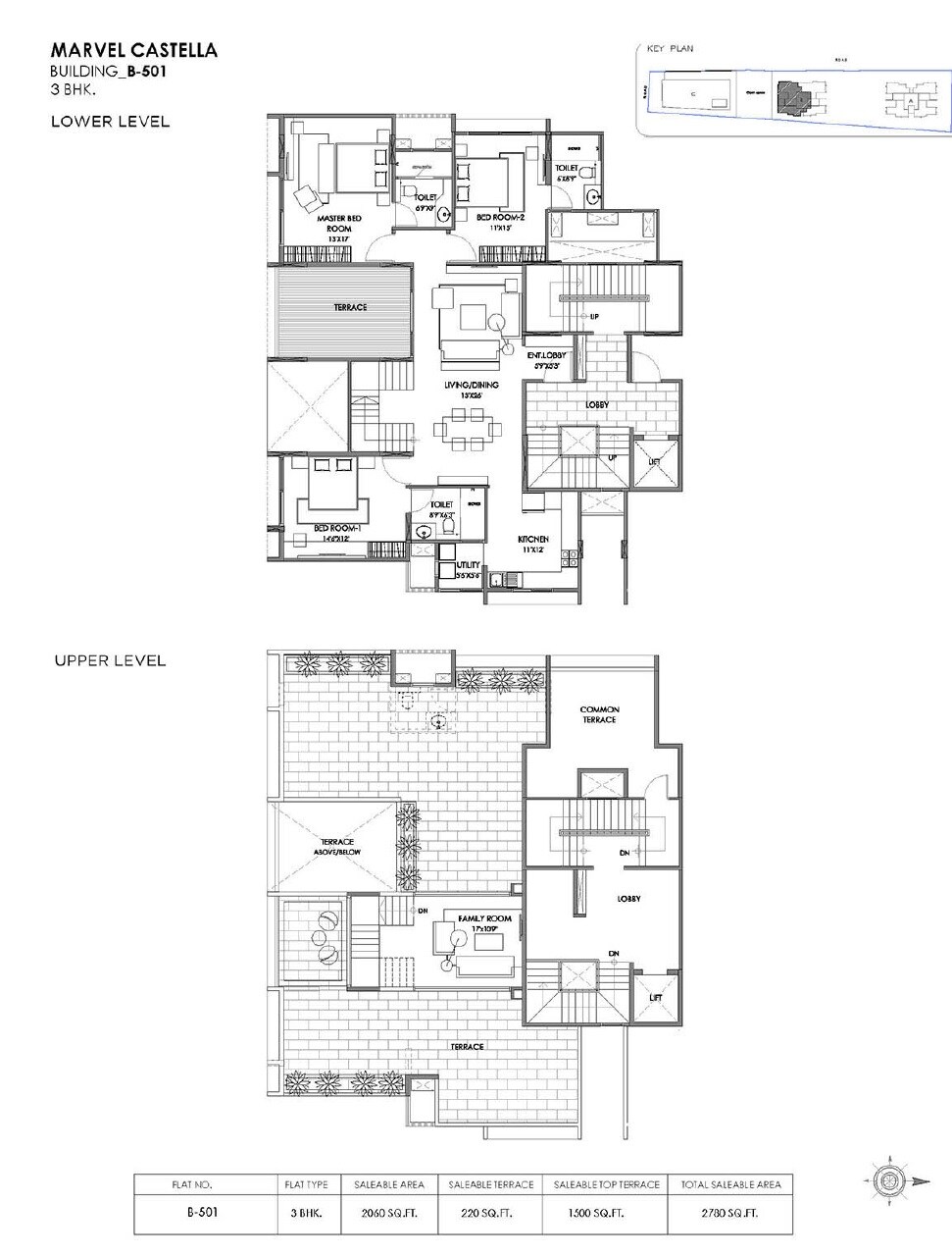 Floor plan of 3 BHK 1154 Sq. Ft. Penthouse in Marvel Castella, Pune