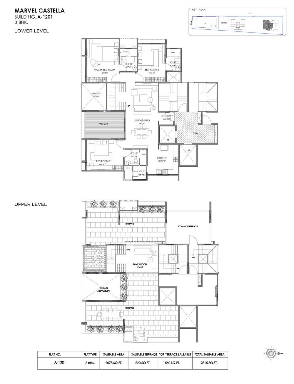 Floor plan of 3 BHK 1162 Sq. Ft. Penthouse in Marvel Castella, Pune