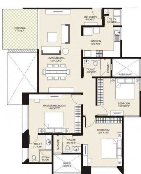 Floor plan of 3 BHK 1109 Sq. Ft. Apartment in Marvel Cerise, Pune