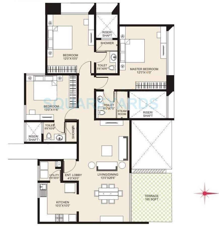 Floor plan of 3 BHK 1375 Sq. Ft. Apartment in Marvel Cerise, Pune