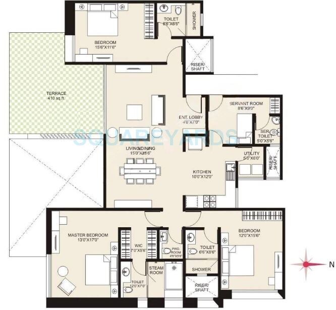 Floor plan of 3 BHK 1332 Sq. Ft. Apartment in Marvel Cerise, Pune