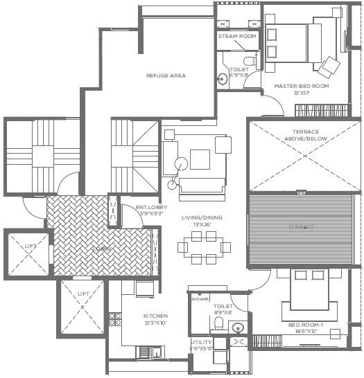 Floor plan of 2 BHK 970 Sq. Ft. Apartment in Marvel Cestella, Pune