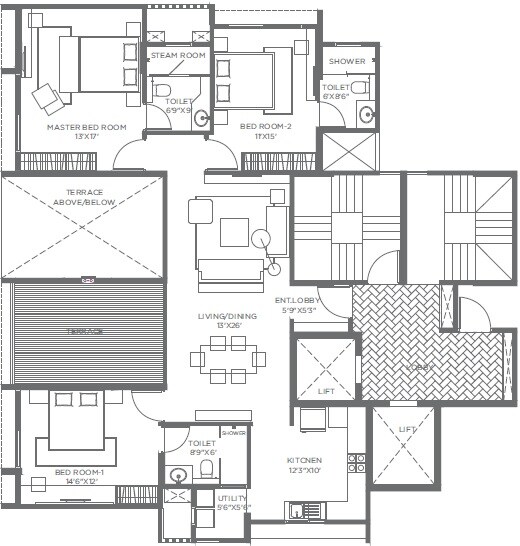 Floor plan of 3 BHK 1115 Sq. Ft. Apartment in Marvel Cestella, Pune