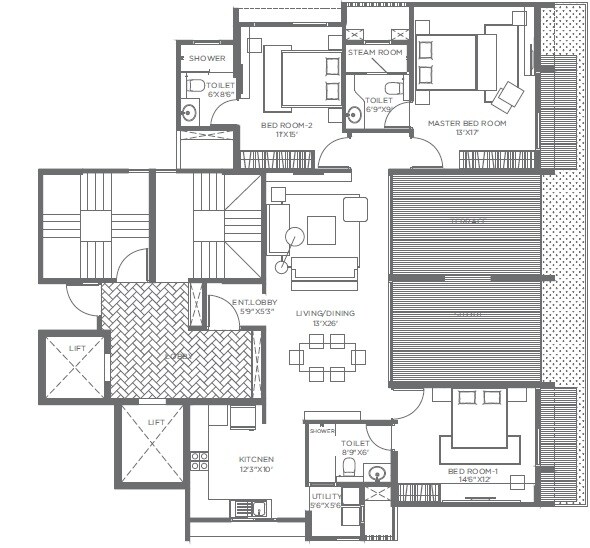Floor plan of 3 BHK 1333 Sq. Ft. Apartment in Marvel Cestella, Pune