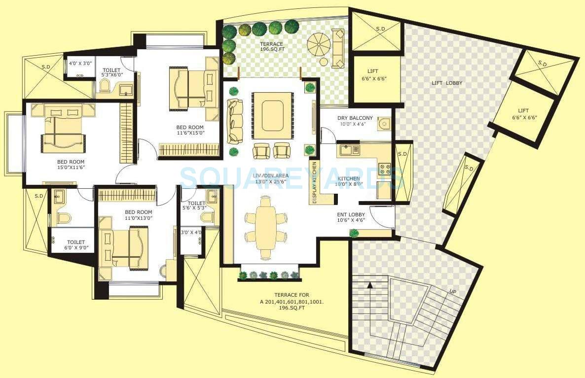Floor plan of 3 BHK 1650 Sq. Ft. Apartment in Marvel Citrine, Pune