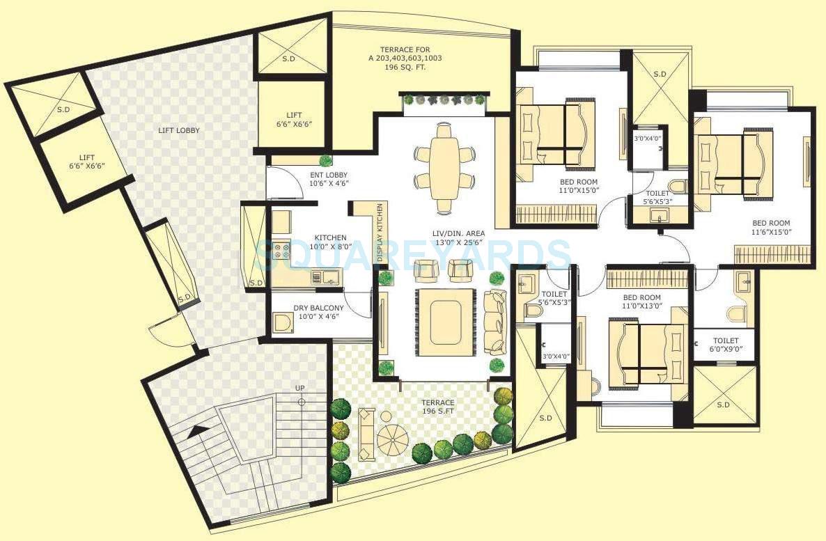 Floor plan of 3 BHK 1660 Sq. Ft. Apartment in Marvel Citrine, Pune