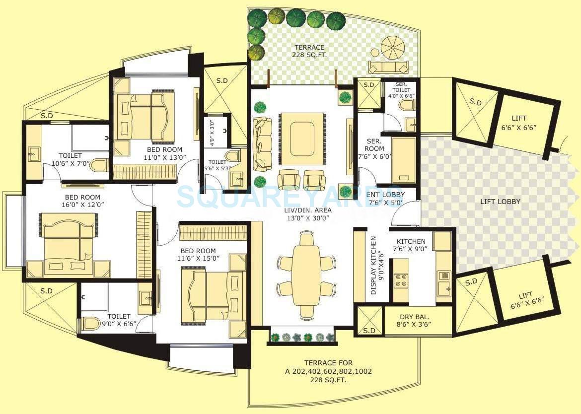 Floor plan of 3 BHK 1935 Sq. Ft. Apartment in Marvel Citrine, Pune