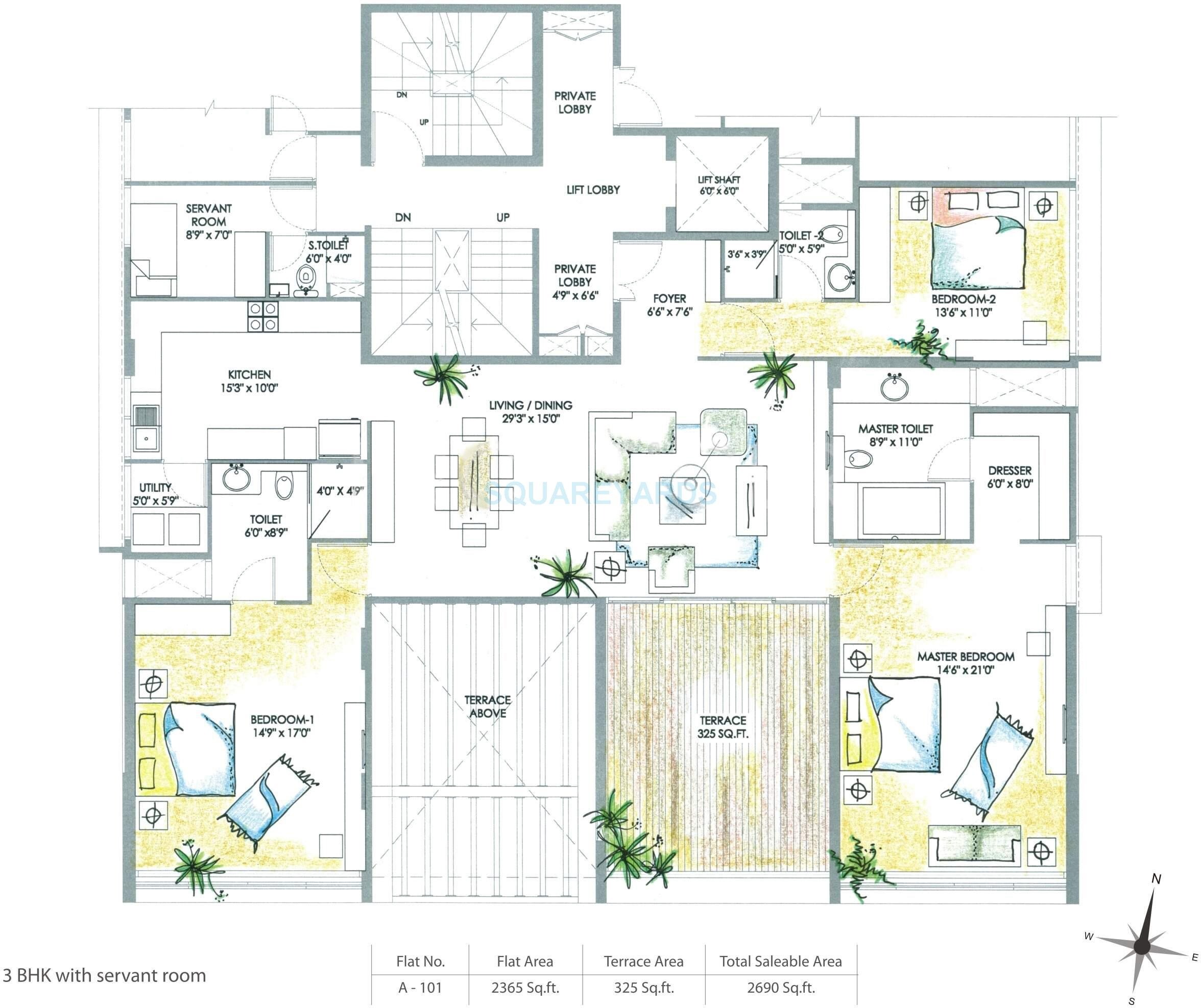 Floor plan of 3 BHK 2690 Sq. Ft. Apartment in Marvel Claro, Pune