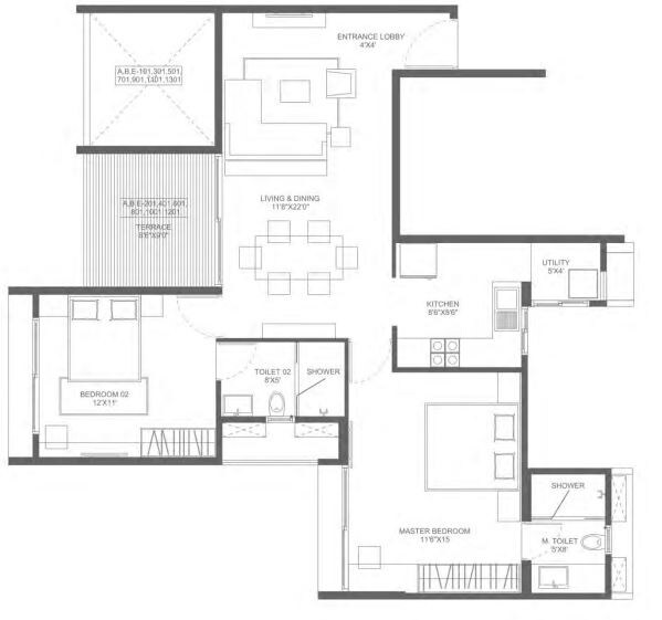 Floor plan of 2 BHK 680 Sq. Ft. Apartment in Marvel Ideal Spacio Phase 1, Pune