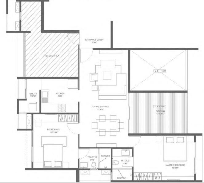 Floor plan of 2 BHK 724 Sq. Ft. Apartment in Marvel Ideal Spacio Phase 1, Pune