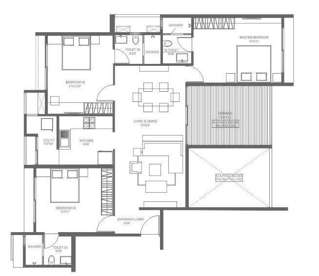 Floor plan of 3 BHK 906 Sq. Ft. Apartment in Marvel Ideal Spacio Phase 1, Pune
