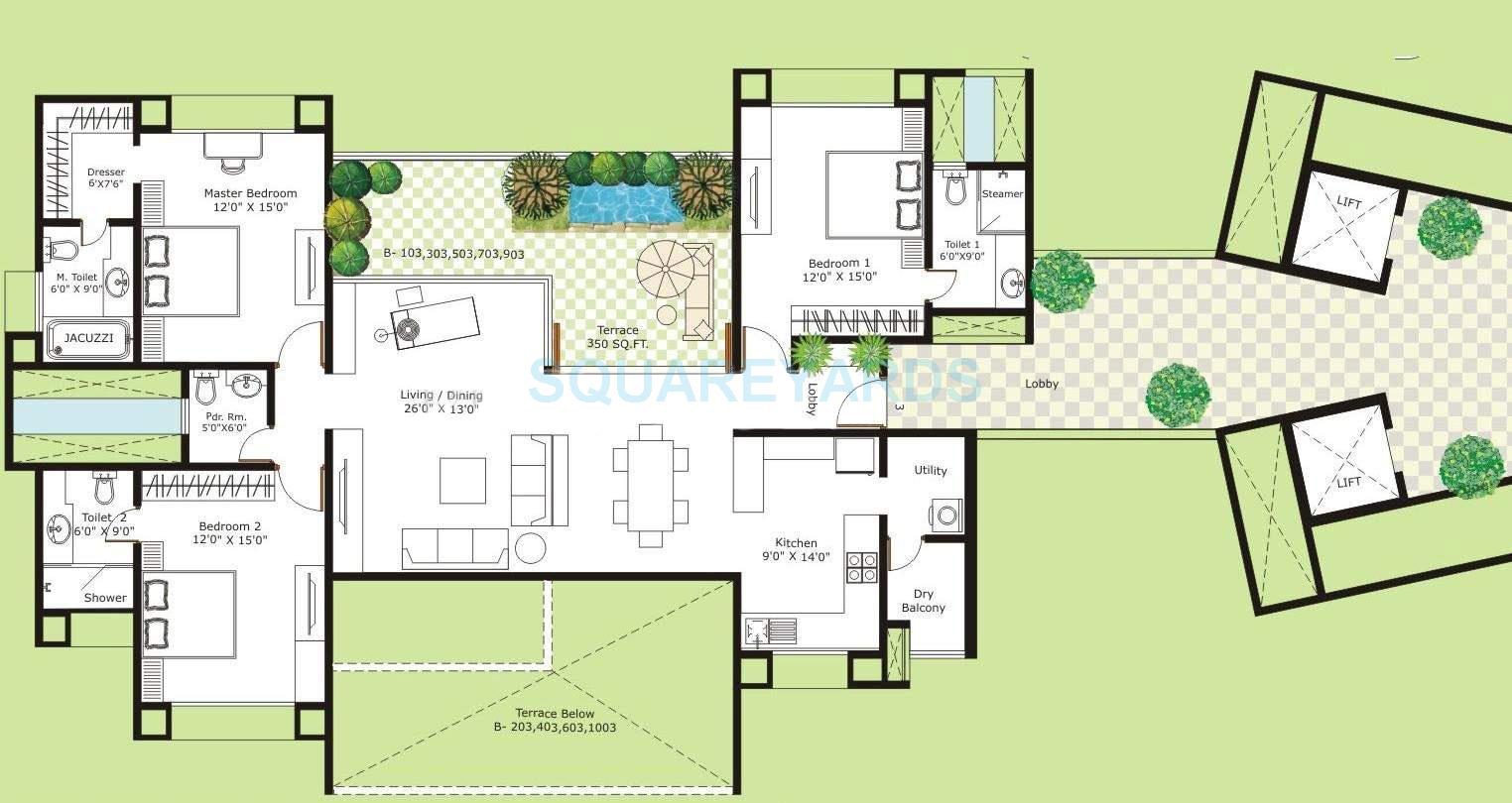 Floor plan of 3 BHK 2105 Sq. Ft. Apartment in Marvel Isola, Pune
