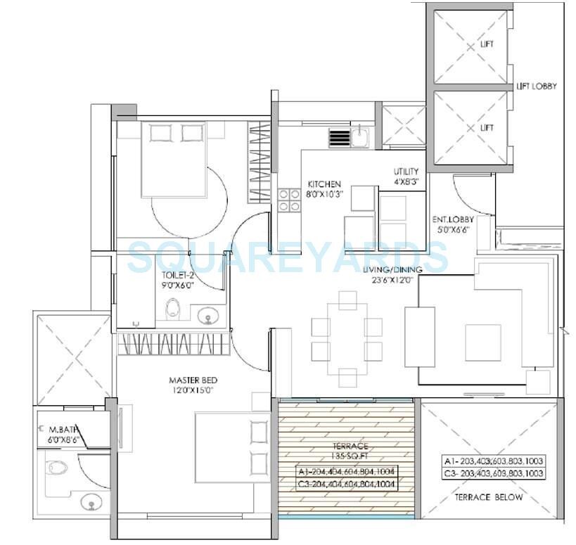 Floor plan of 2 BHK 1310 Sq. Ft. Apartment in Marvel Izara, Pune