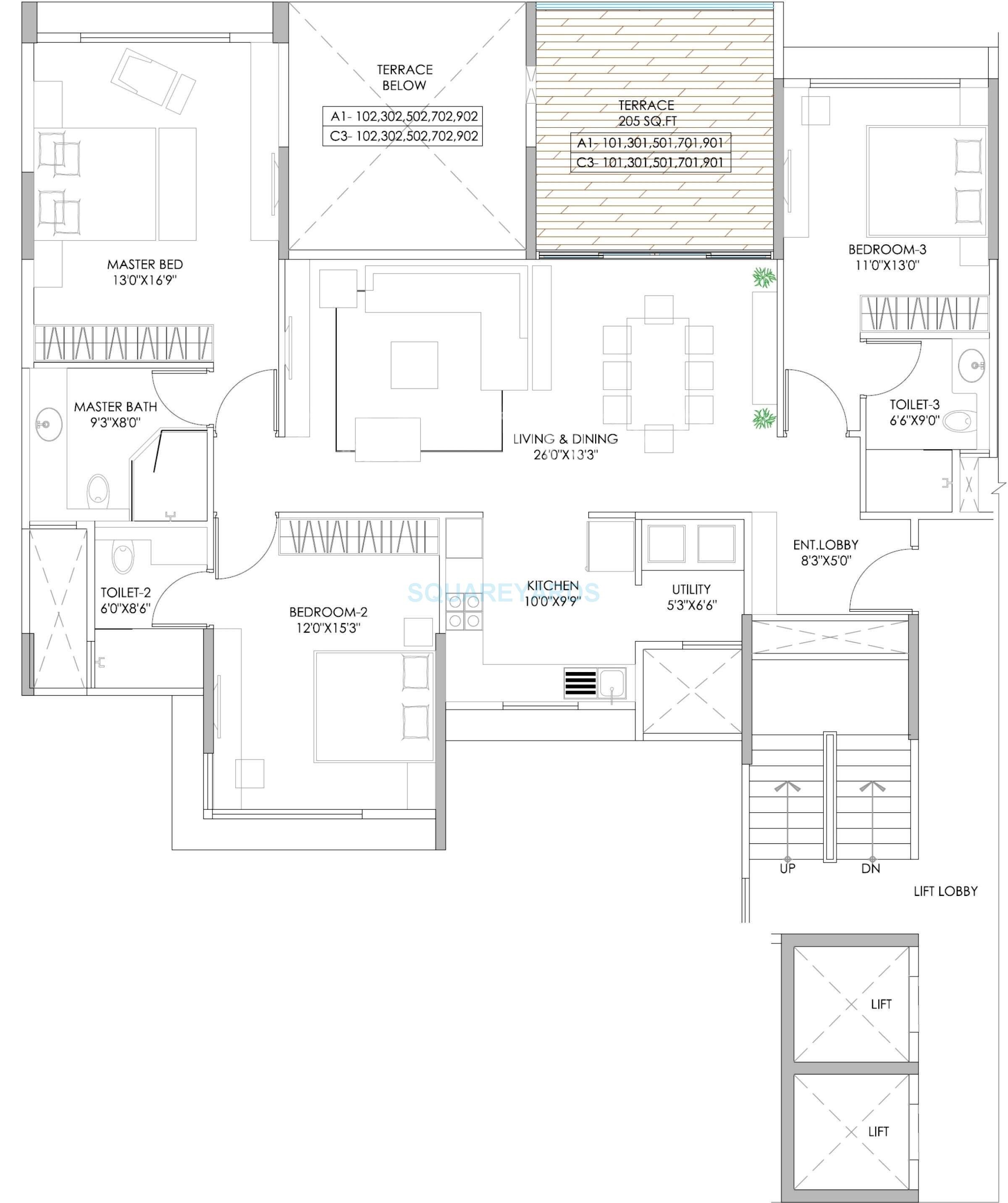 Floor plan of 3 BHK 1920 Sq. Ft. Apartment in Marvel Izara, Pune