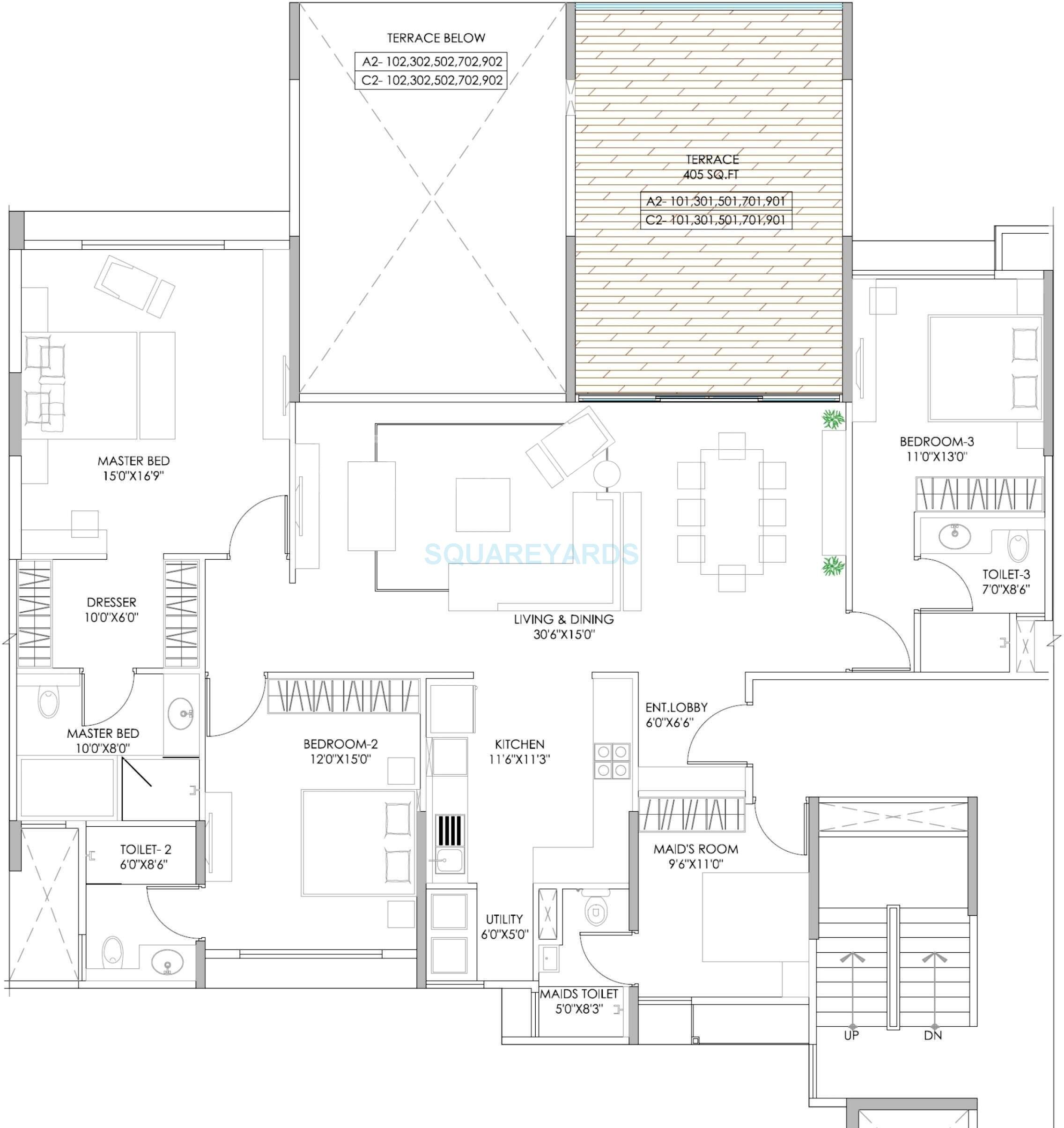 Floor plan of 3 BHK 2600 Sq. Ft. Apartment in Marvel Izara, Pune