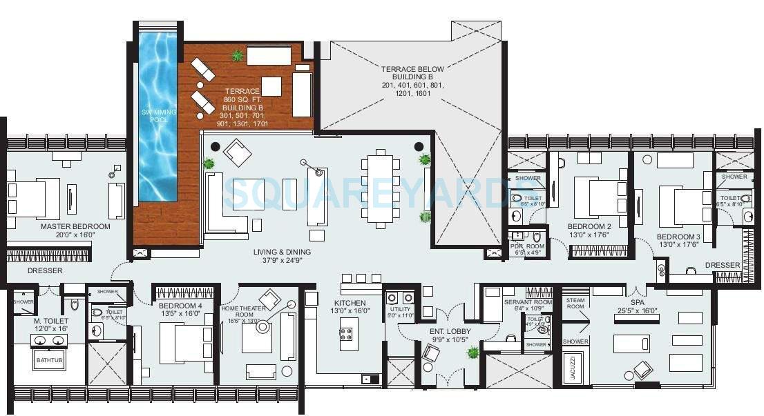 Floor plan of 4 BHK 4227 Sq. Ft. Apartment in Marvel Kyra, Pune