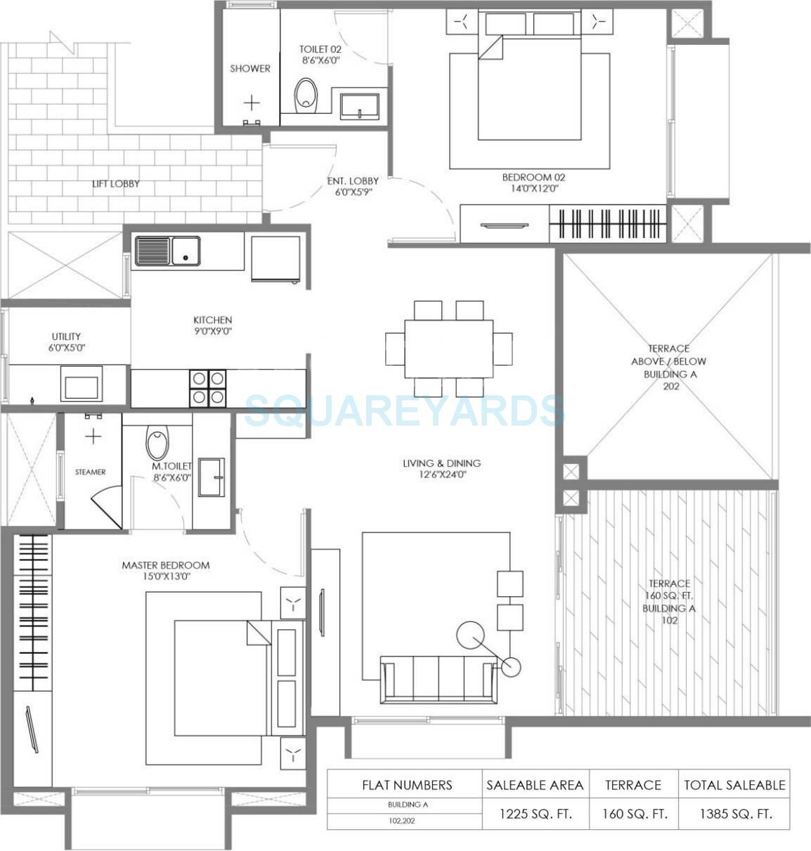Floor plan of 2 BHK 978 Sq. Ft. Apartment in Marvel Piazza, Pune