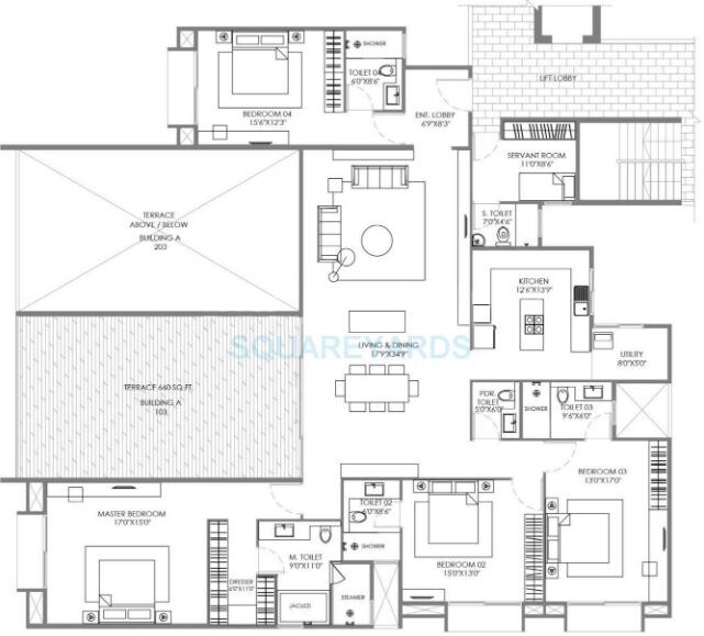 Floor plan of 3 BHK 1594 Sq. Ft. Apartment in Marvel Piazza, Pune