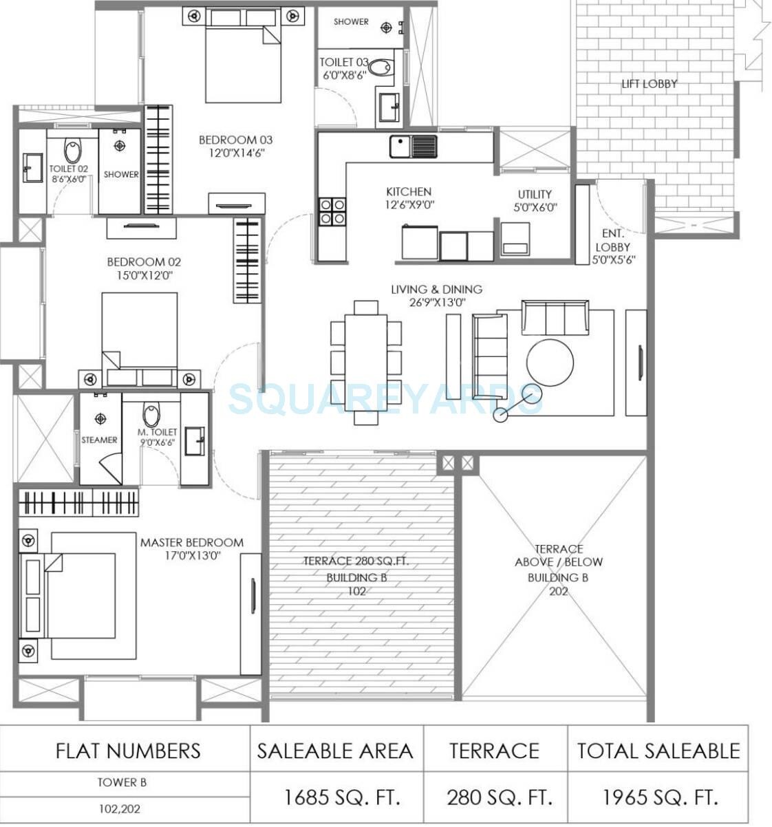 Floor plan of 3 BHK 1291 Sq. Ft. Apartment in Marvel Piazza, Pune