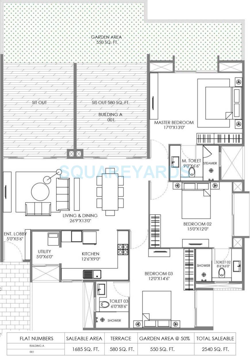 Floor plan of 3 BHK 1382 Sq. Ft. Apartment in Marvel Piazza, Pune