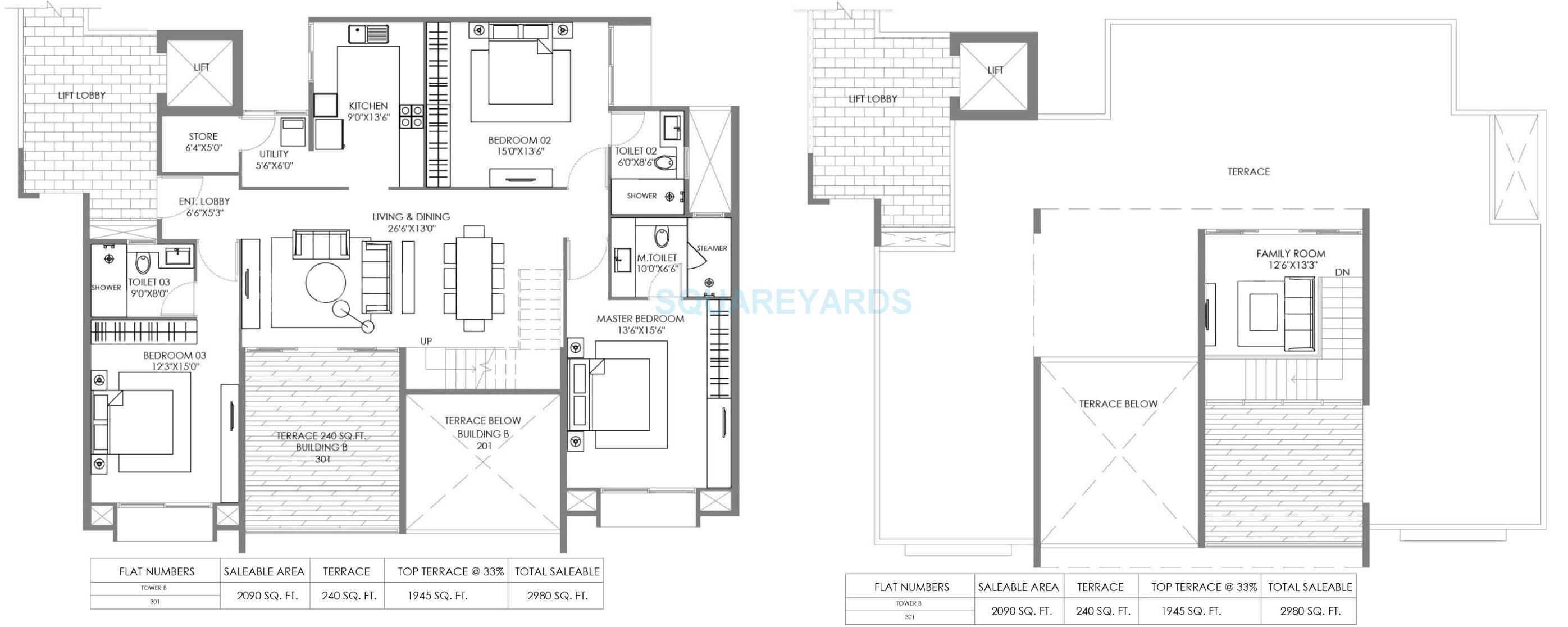 Floor plan of 3 BHK 1090 Sq. Ft. Apartment in Marvel Piazza, Pune