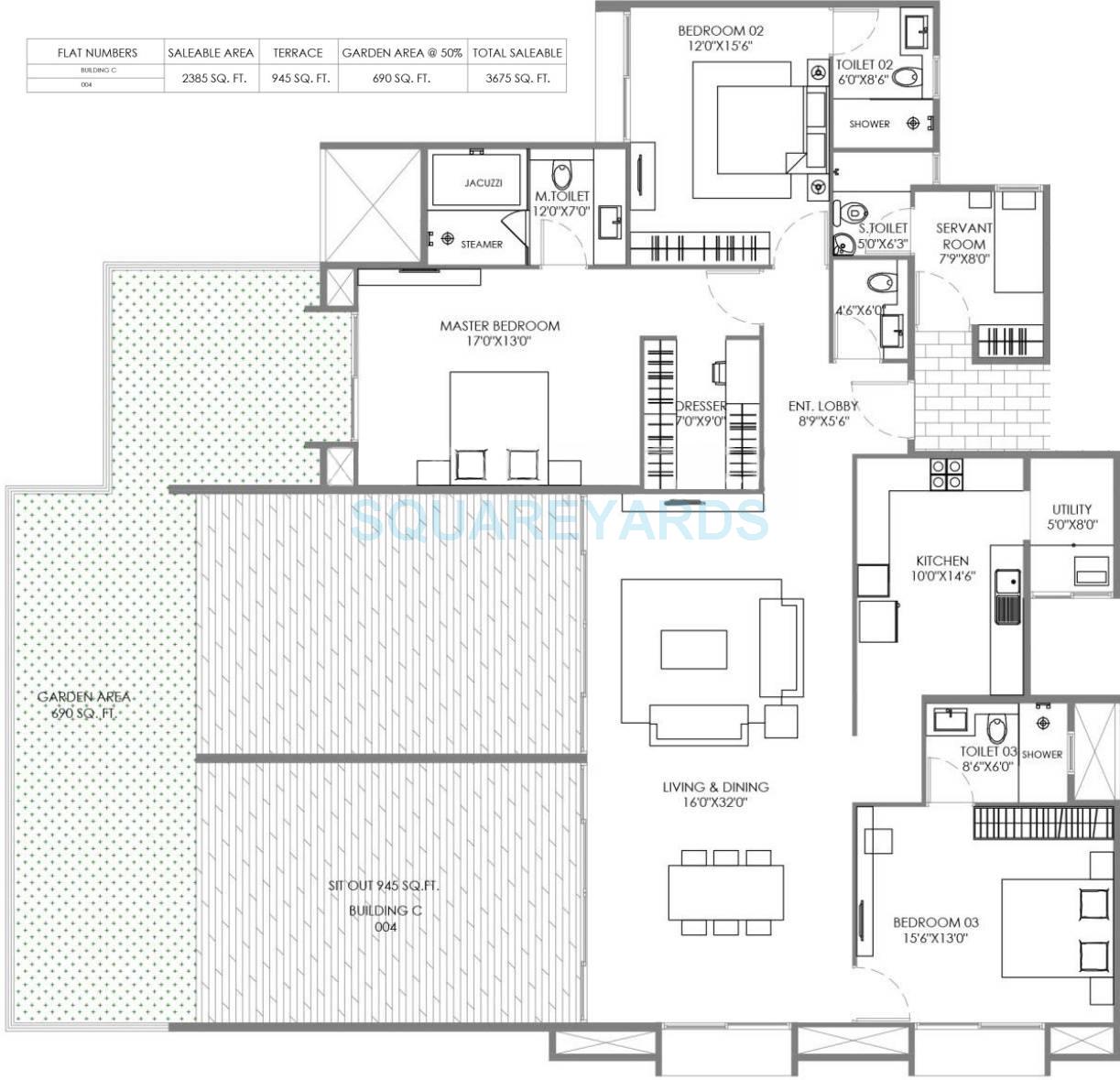 Floor plan of 3 BHK 1133 Sq. Ft. Apartment in Marvel Piazza, Pune