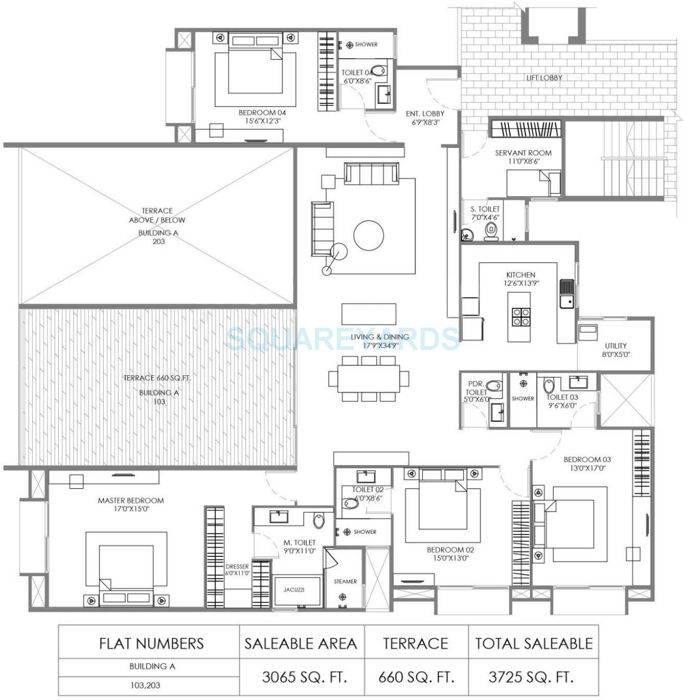 Floor plan of 4 BHK 1899 Sq. Ft. Apartment in Marvel Piazza, Pune