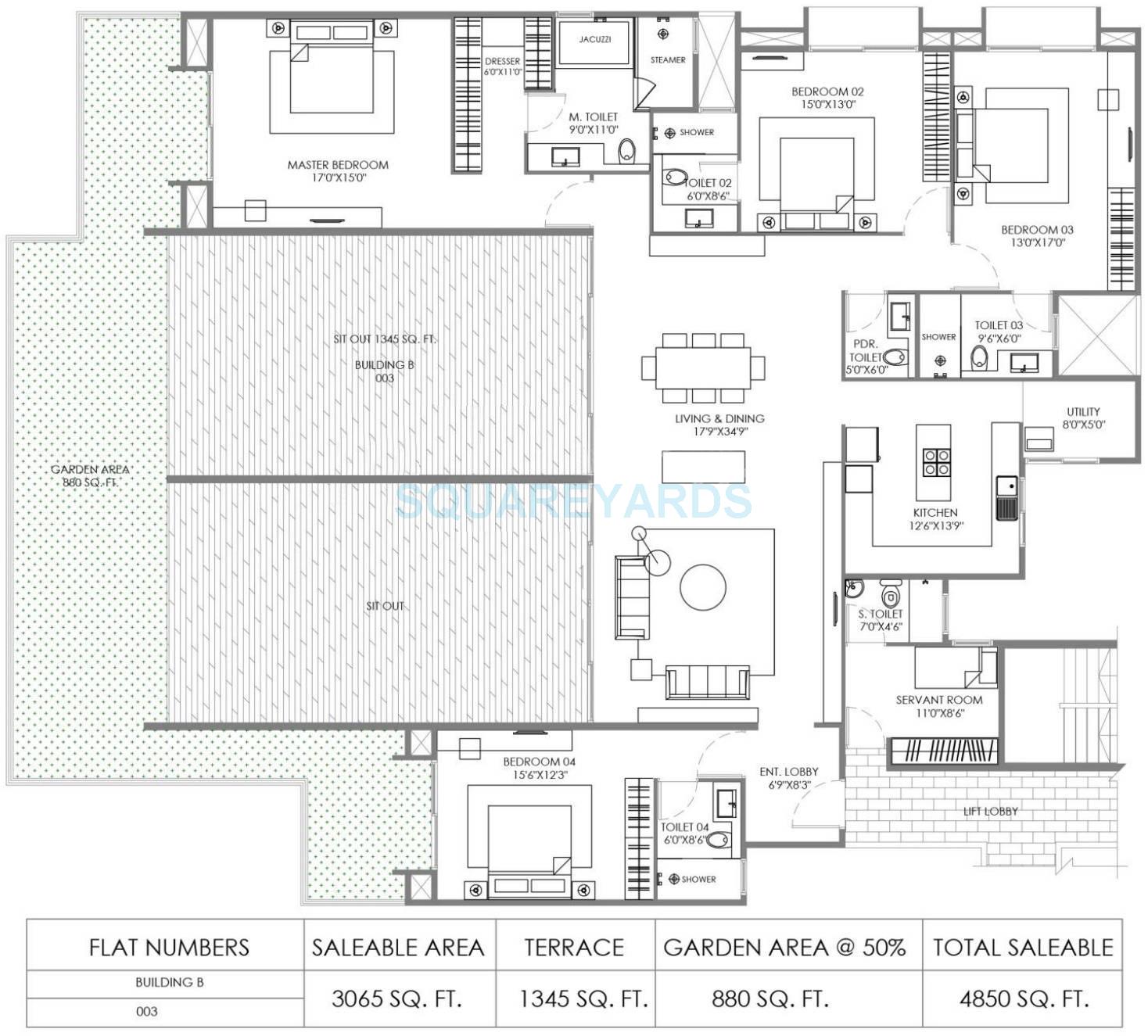 Floor plan of 4 BHK 1845 Sq. Ft. Apartment in Marvel Piazza, Pune