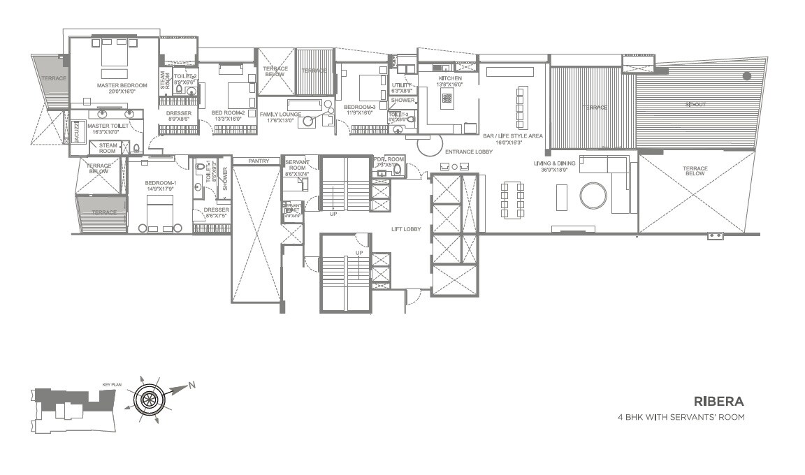 Floor plan of 4 BHK 2572 Sq. Ft. Apartment in Marvel Ribera, Pune