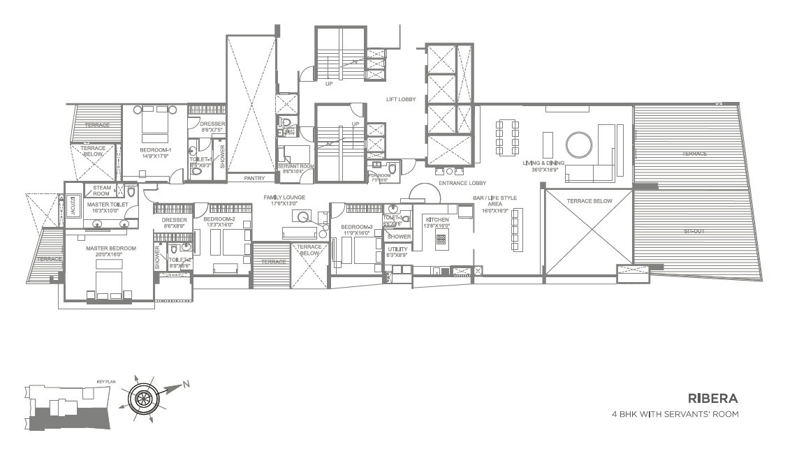 Floor plan of 4 BHK 3044 Sq. Ft. Apartment in Marvel Ribera, Pune
