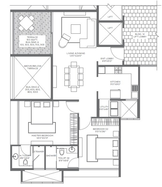 Floor plan of 2 BHK 888 Sq. Ft. Apartment in Marvel Sera, Pune
