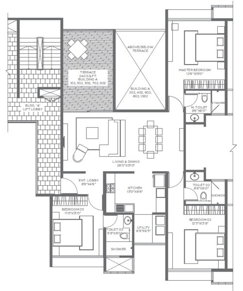 Floor plan of 3 BHK 1031 Sq. Ft. Apartment in Marvel Sera, Pune