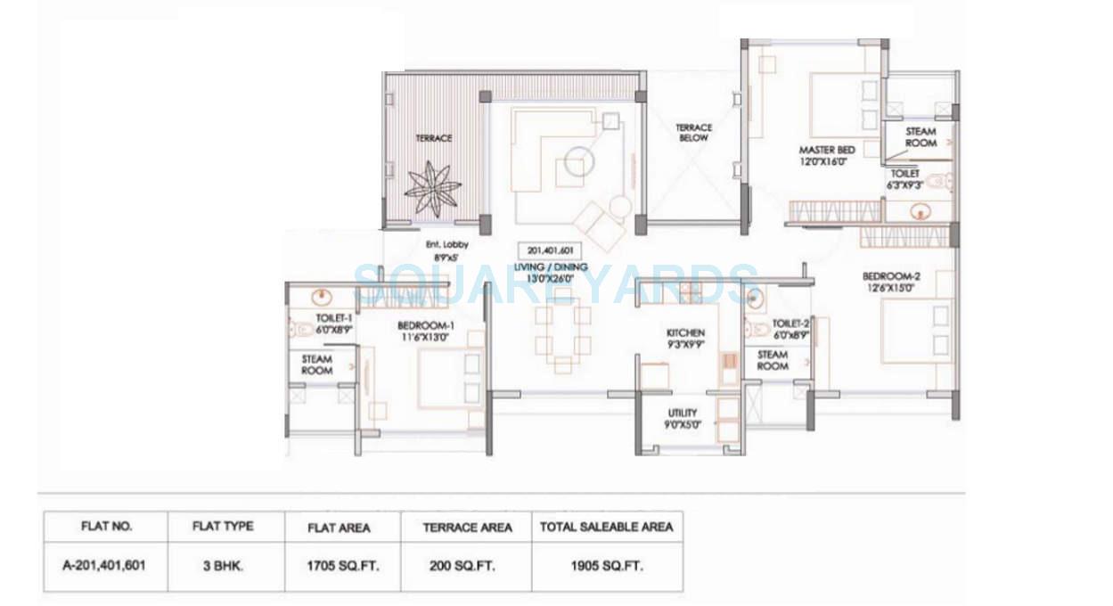 Floor plan of 3 BHK 1905 Sq. Ft. Apartment in Marvel Sorrento, Pune