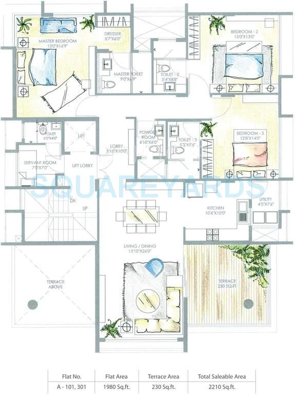 Floor plan of 3 BHK 2210 Sq. Ft. Apartment in Marvel Sufalam, Pune