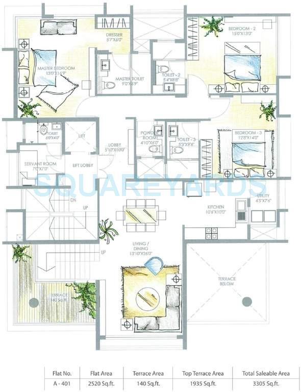 Floor plan of 3 BHK 3305 Sq. Ft. Apartment in Marvel Sufalam, Pune
