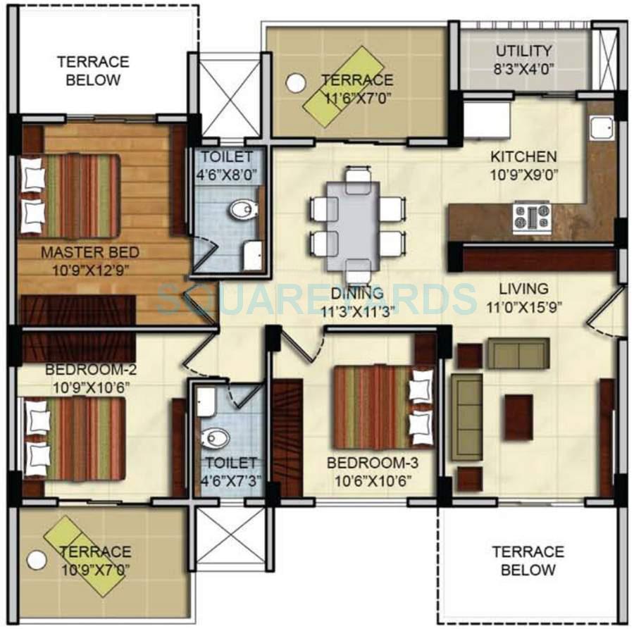 Floor plan of 3 BHK 857 Sq. Ft. Apartment in Marvel Vantage, Pune