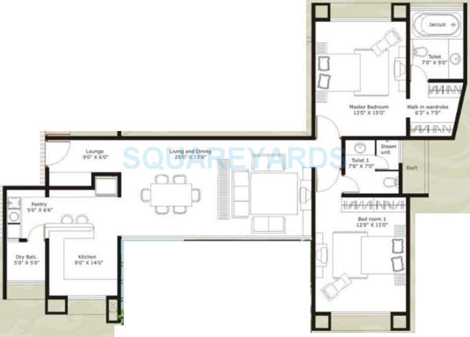 Floor plan of 2 BHK 1650 Sq. Ft. Apartment in Marvel Zephyr, Pune
