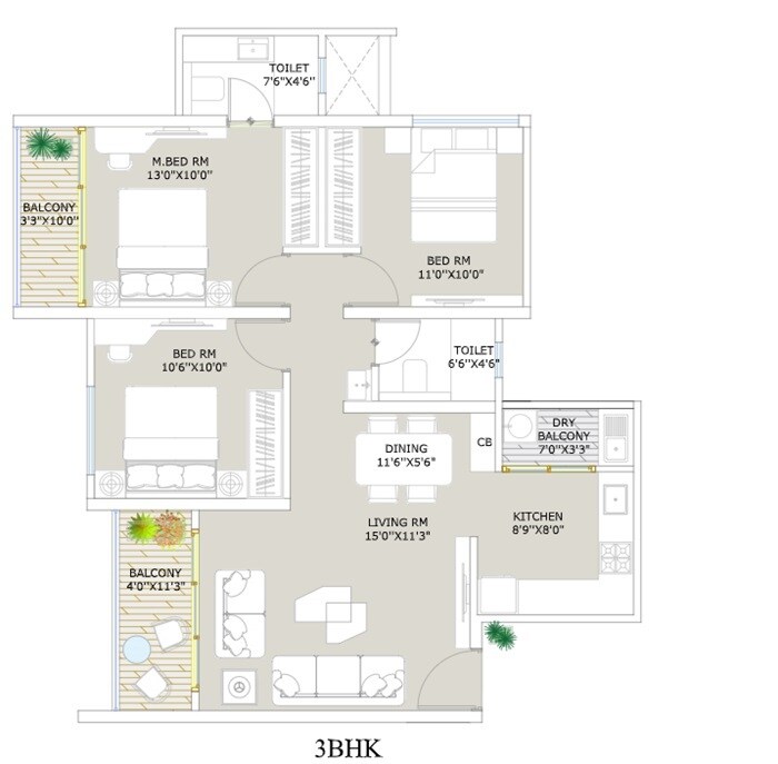 Floor plan of 3 BHK 926 Sq. Ft. Apartment in Matoshree Ennvogue, Pune