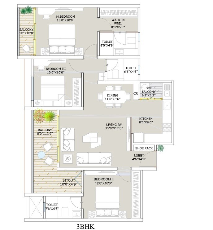 Floor plan of 3 BHK 942 Sq. Ft. Apartment in Matoshree Ennvogue, Pune
