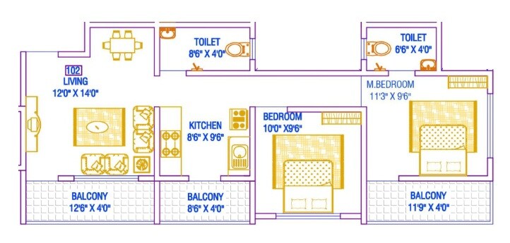 Floor plan of 2 BHK 654 Sq. Ft. Apartment in Matoshree Pride, Pune