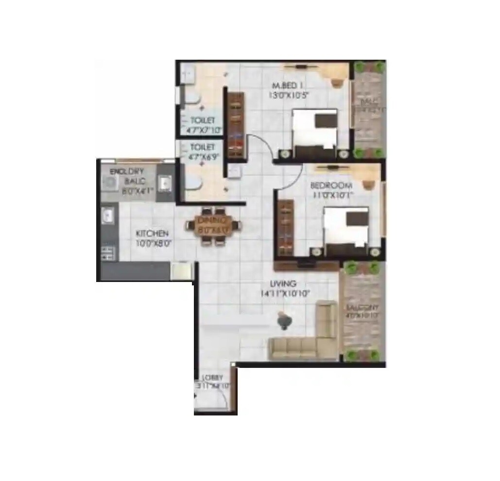 Floor plan of 2 BHK 805 Sq. Ft. Apartment in Matrix One Platinum, Pune
