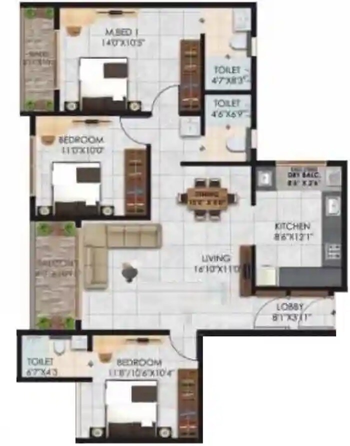 Floor plan of 3 BHK 1002 Sq. Ft. Apartment in Matrix One Platinum, Pune