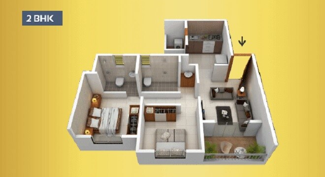Floor plan of 2 BHK 611 Sq. Ft. Apartment in Mauli Manorama Heights, Pune