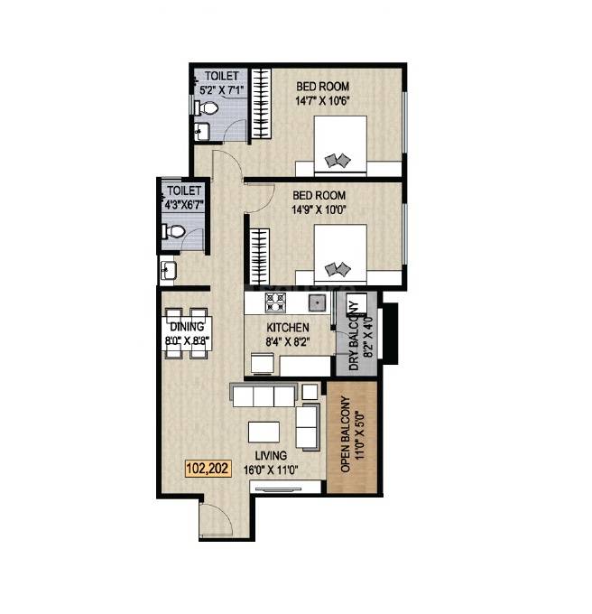 Floor plan of 2 BHK 736 Sq. Ft. Apartment in Mayank CHS, Pune