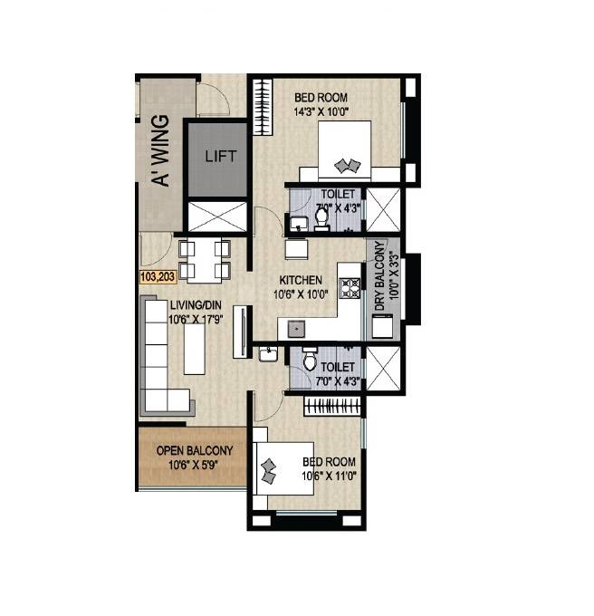 Floor plan of 2 BHK 805 Sq. Ft. Apartment in Mayank CHS, Pune