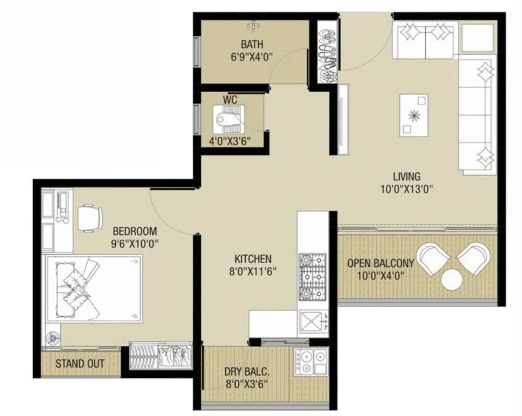 Floor plan of 1 BHK 480 Sq. Ft. Apartment in Mayra MK Estrella, Pune