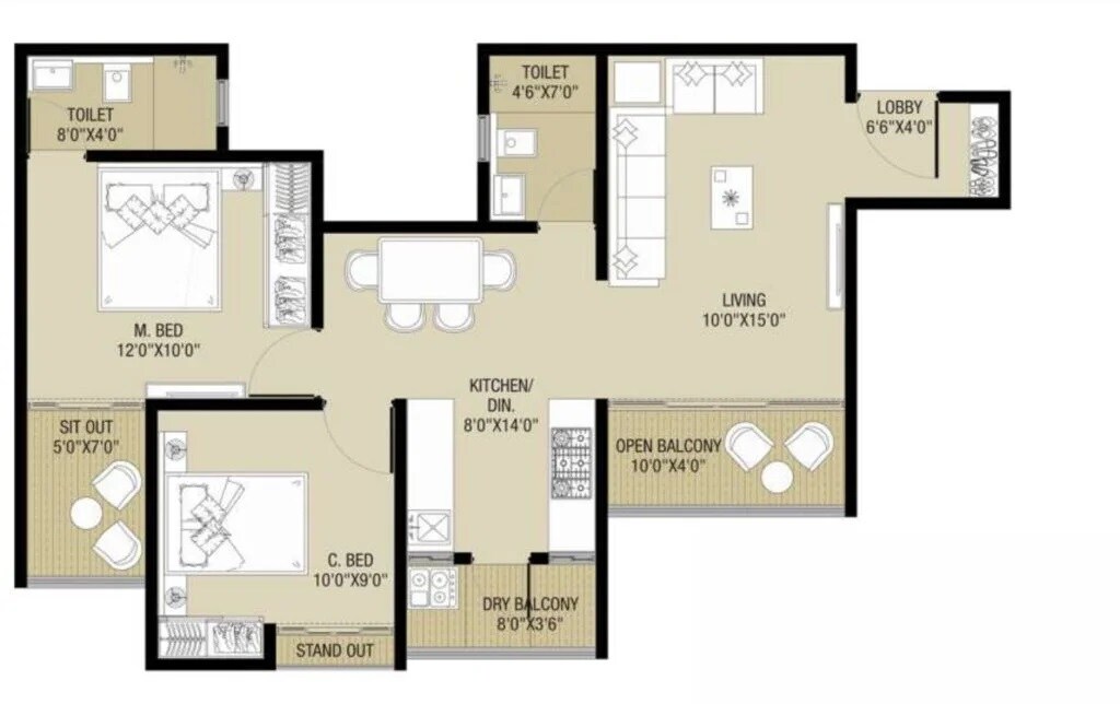 Floor plan of 2 BHK 703 Sq. Ft. Apartment in Mayra MK Estrella, Pune
