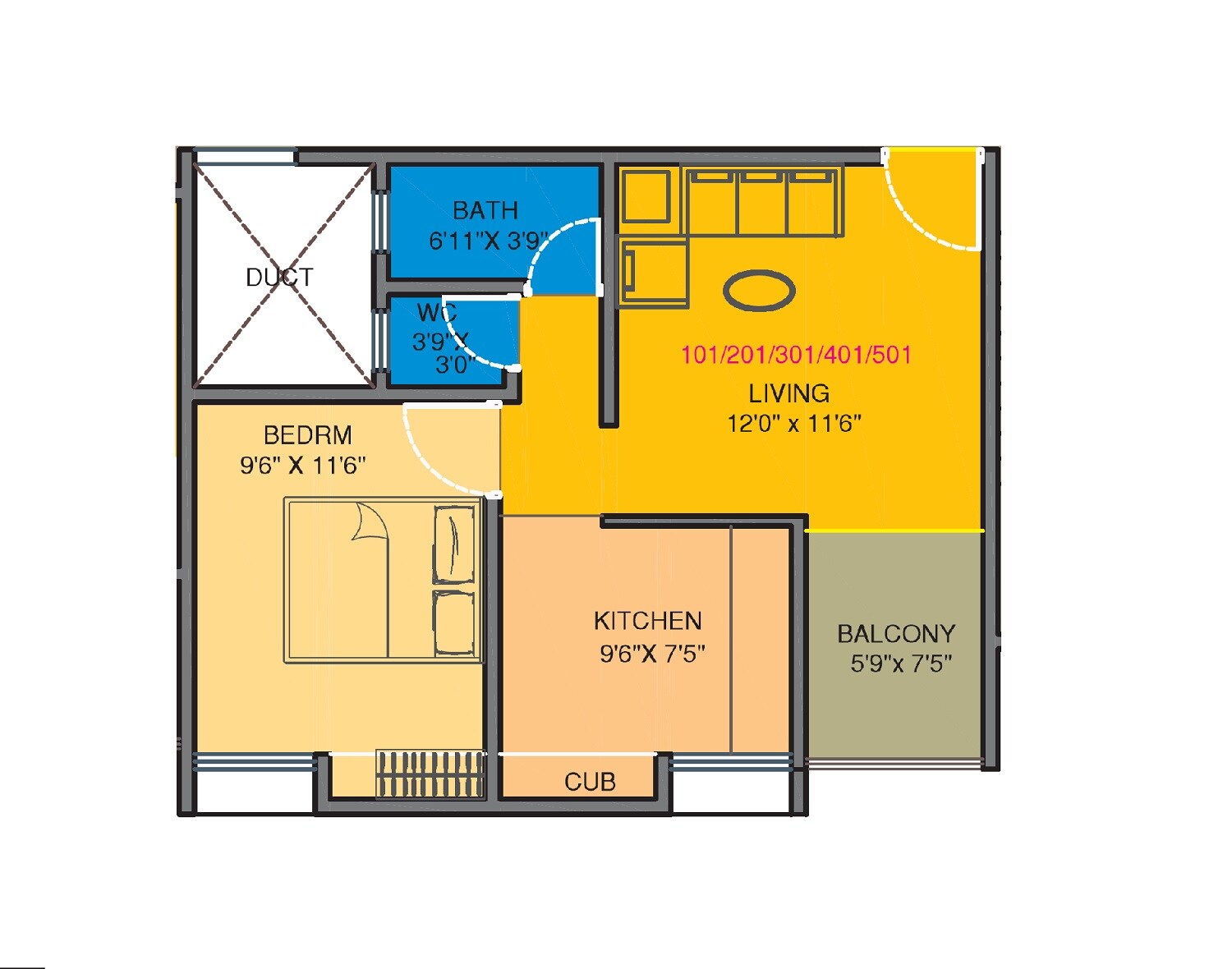 Floor plan of 1 BHK 447 Sq. Ft. Apartment in Mayuresh Umakant Enclave, Pune