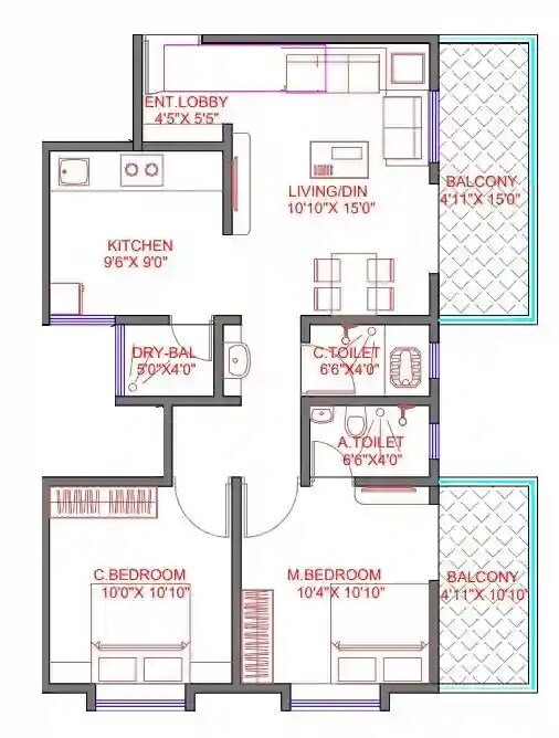 Floor plan of 2 BHK Apartment - 624 sq. ft. in MBPL Manjushilp, Pune