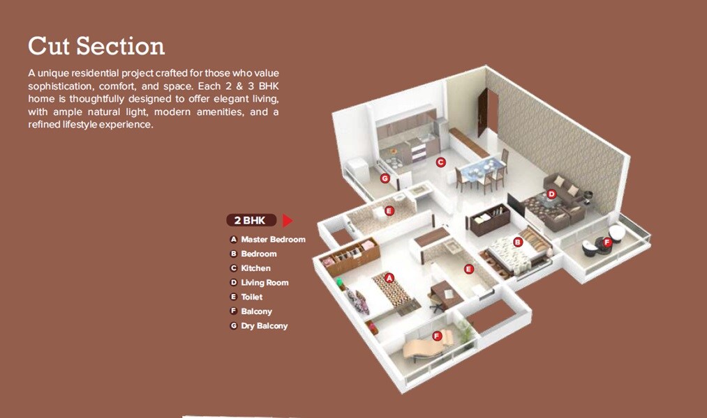 Floor plan of 2 BHK 767 Sq. Ft. Apartment in MD Skyrena, Pune